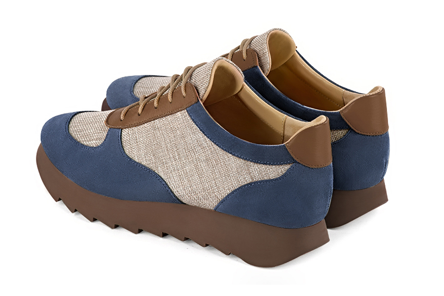Denim blue, natural beige and caramel brown women's three-tone elegant sneakers. Round toe. Low rubber soles. Rear view - Florence KOOIJMAN